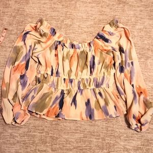 Sofia by Sofia Vergara- semi-sheer on/off shoulder blue & pink blouse
